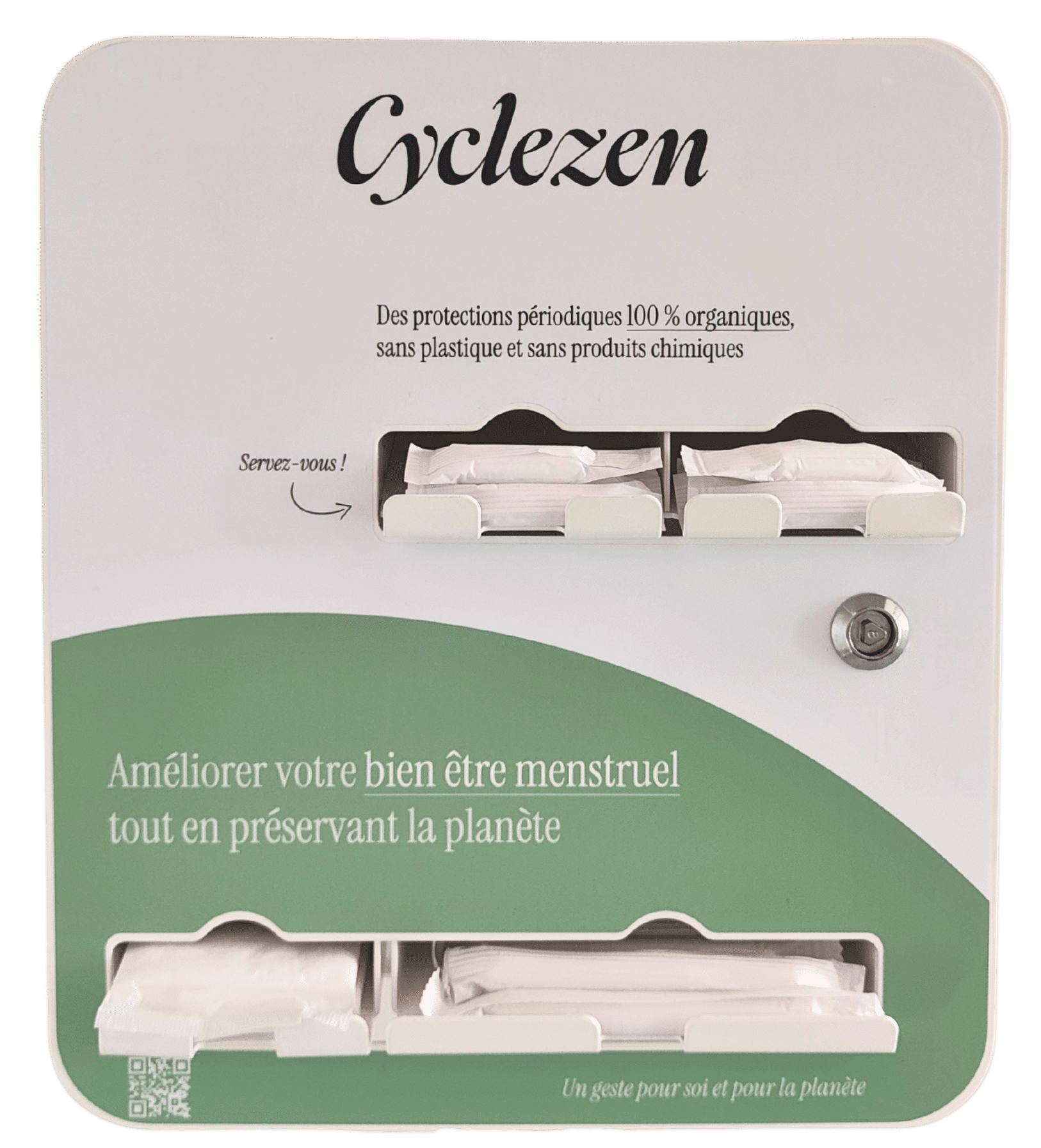 Distributeur de protections périodiques blanc et vert de face