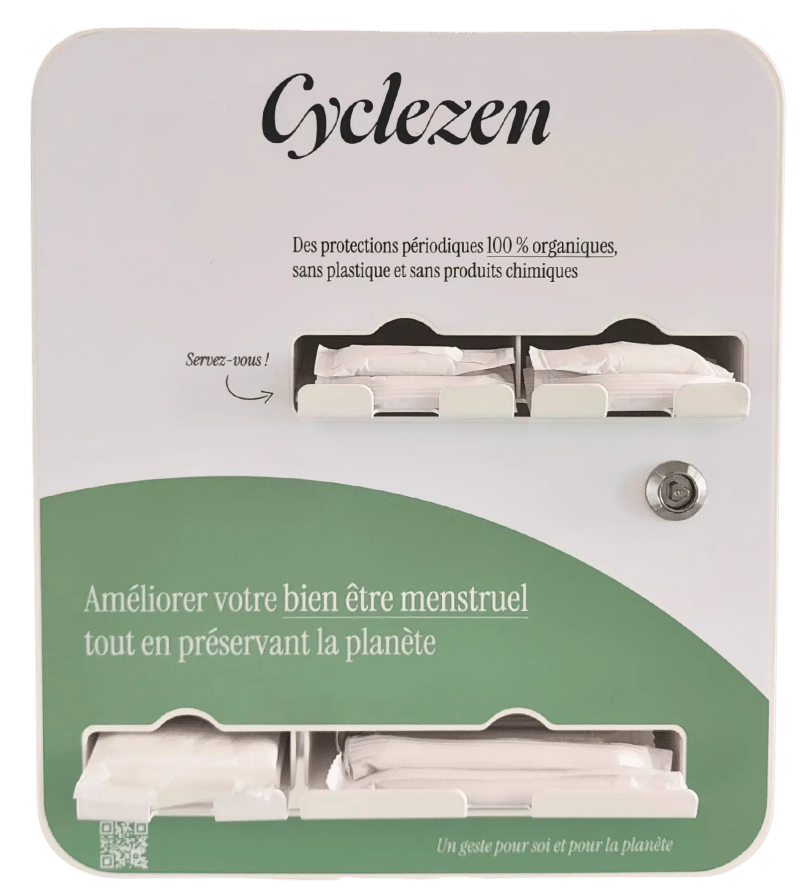 Distributeur de protections périodiques blanc et vert de face